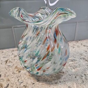 Hand Blown Confetti Glass Vase Ruffled Rim Multi Color Splatter Art Glass 6.5"